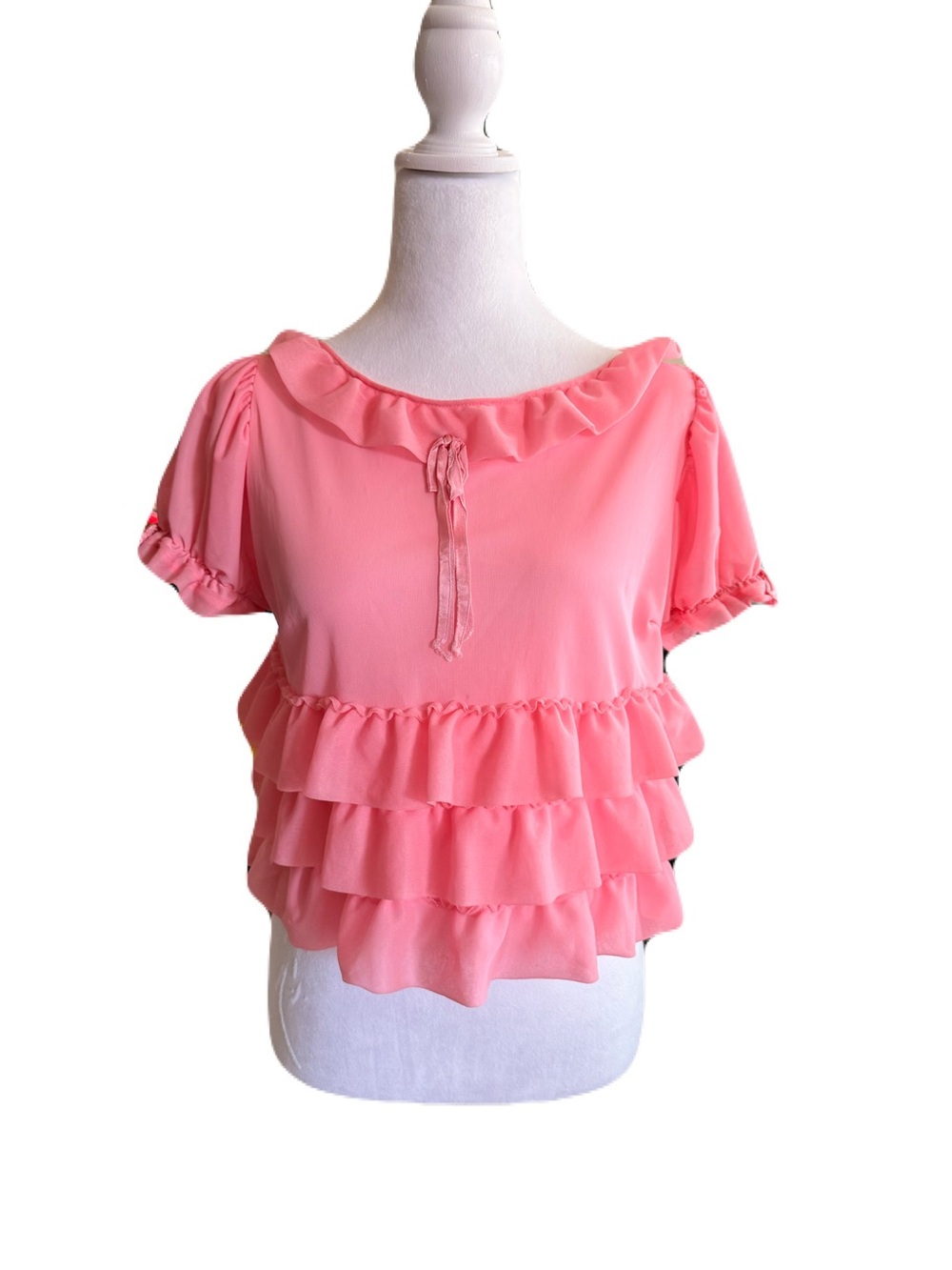 Women's Vintage Nylon Pink Ruffle Short-Sleeve Top
